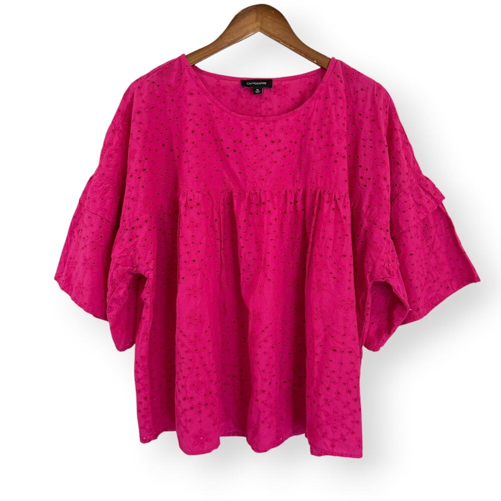 Calligraphie Pink Eyelet Embroidered Cotton Peasant Blouse XL Bell Sleeve Boho